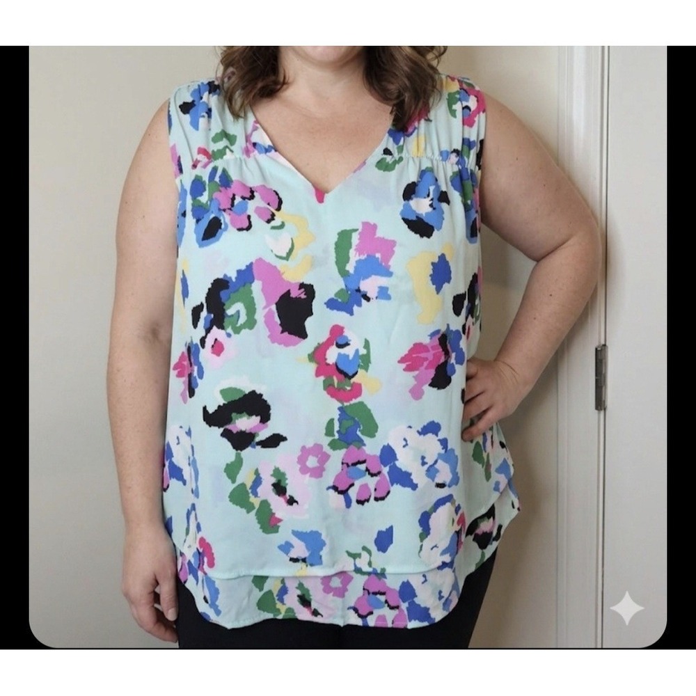 Zac Rachel Women's  Double Layer Tank Blouse Sleeveless Blue/Multi Top Size 1X‎
